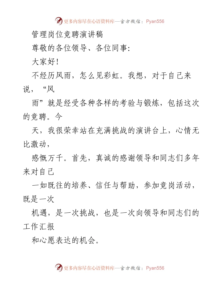 [发言] 管理岗位竞聘 - 追求卓越，勇挑重担的竞聘演讲.docx_第1页