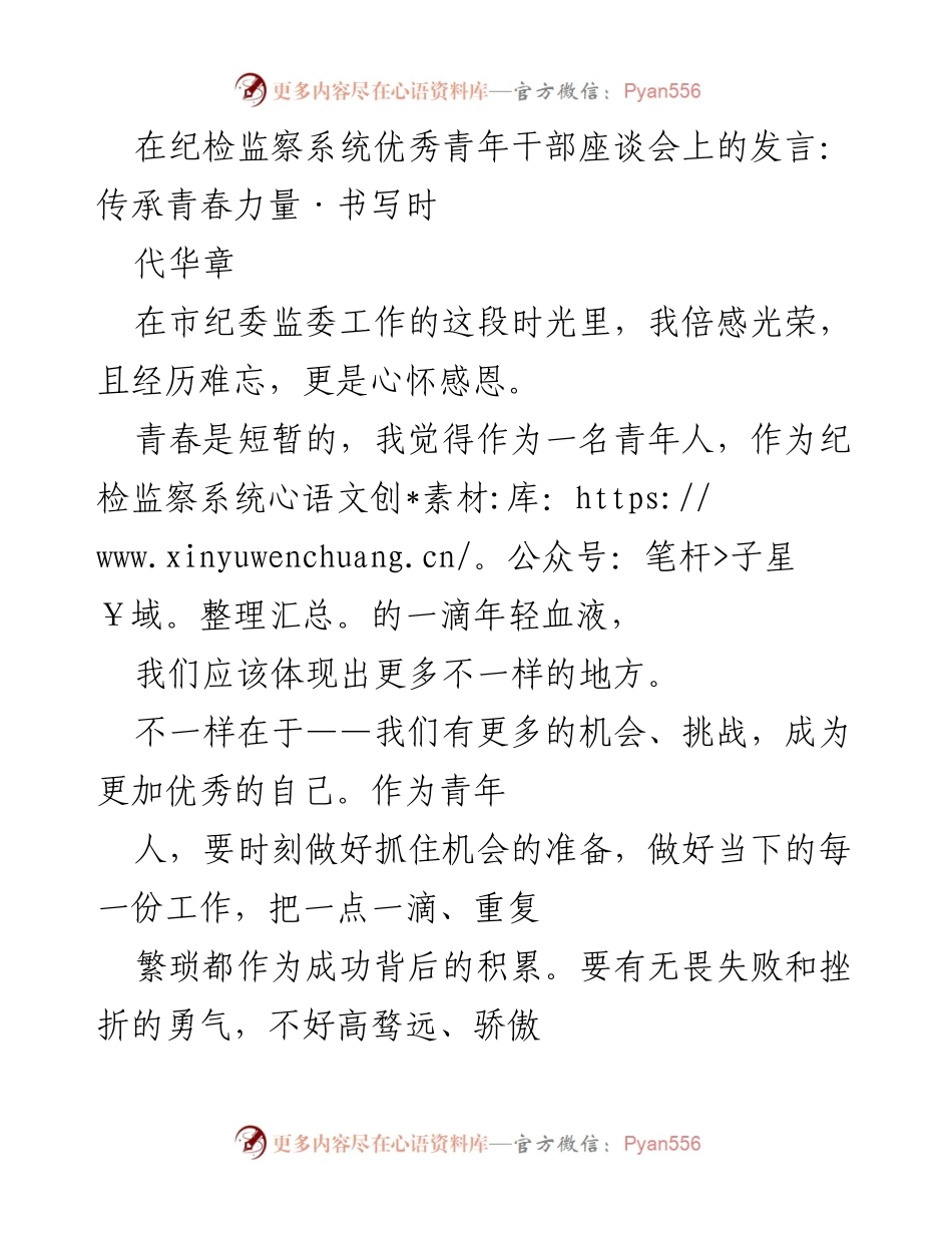 [发言] 纪检监察系统优秀青年干部座谈会 - 青年力量与时代使命的传承.docx_第1页