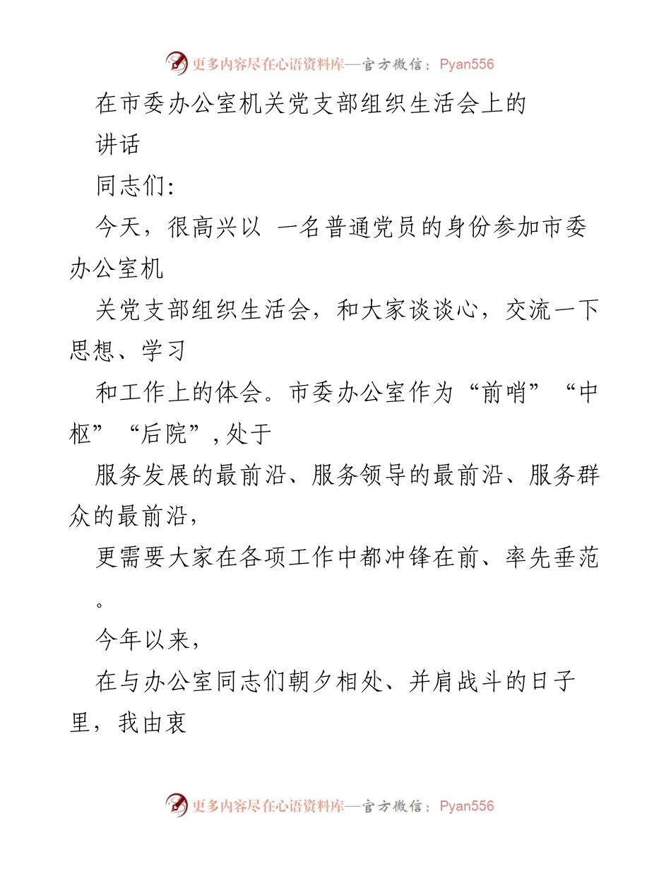 [发言] 组织生活会 - 坚定信念，勇担使命：在市委办公室党支部组织生活会上的讲话.docx_第1页