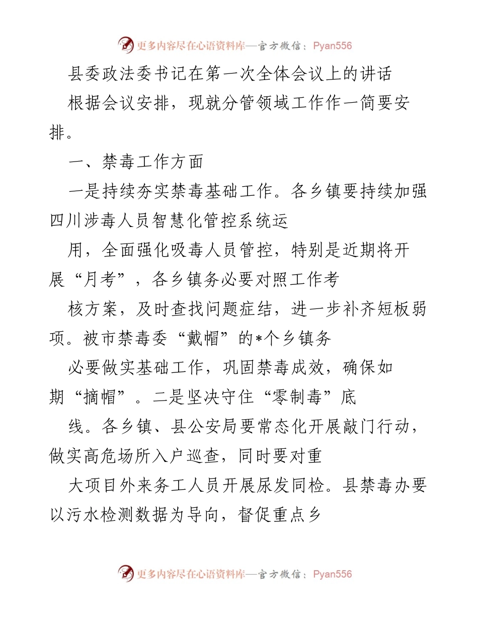 [发言] 第一次全体会议 - 县委政法委书记关于禁毒、反电诈及信访稳定工作的讲话.docx_第1页