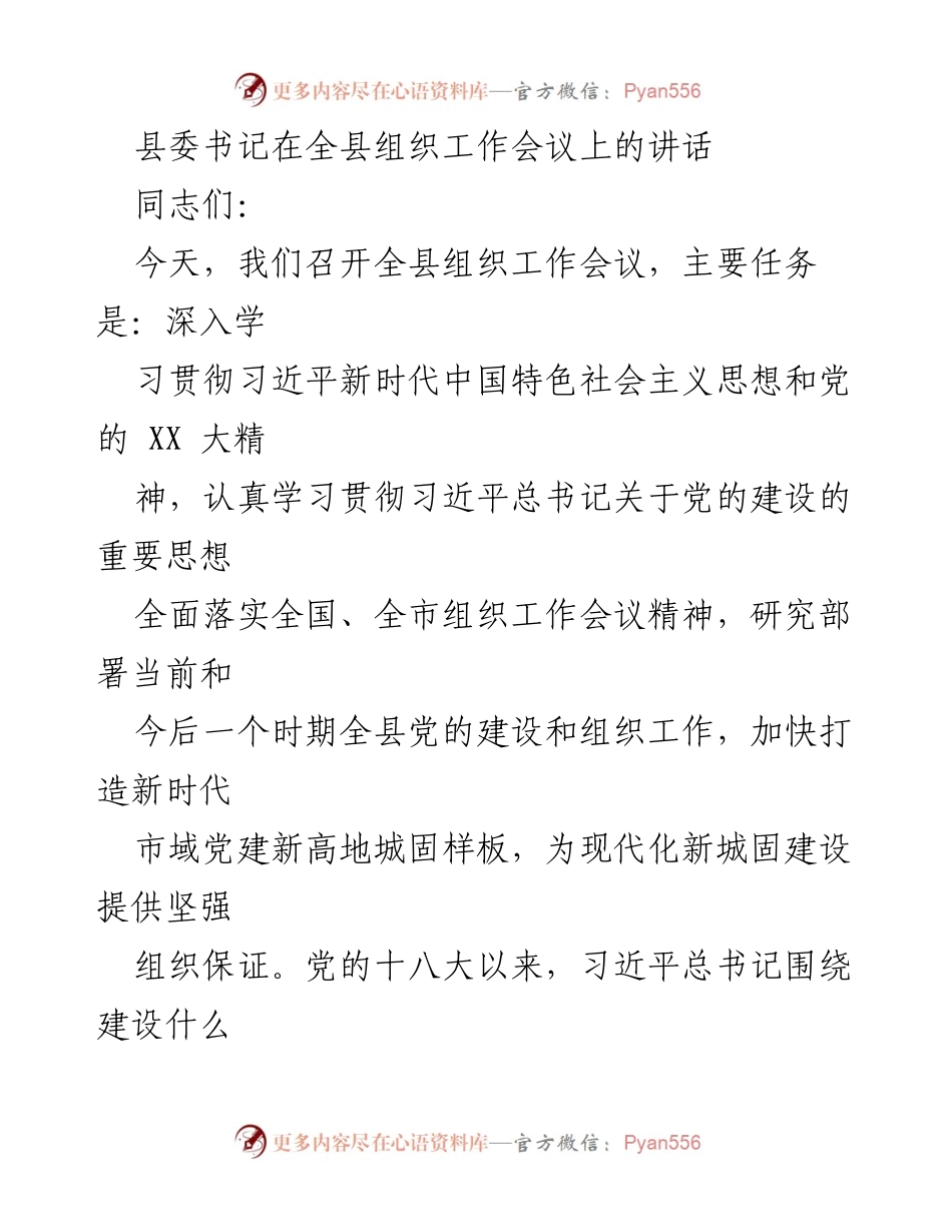 [发言] 组织工作会议 - 加快新时代市域党建新高地建设_1.docx_第1页