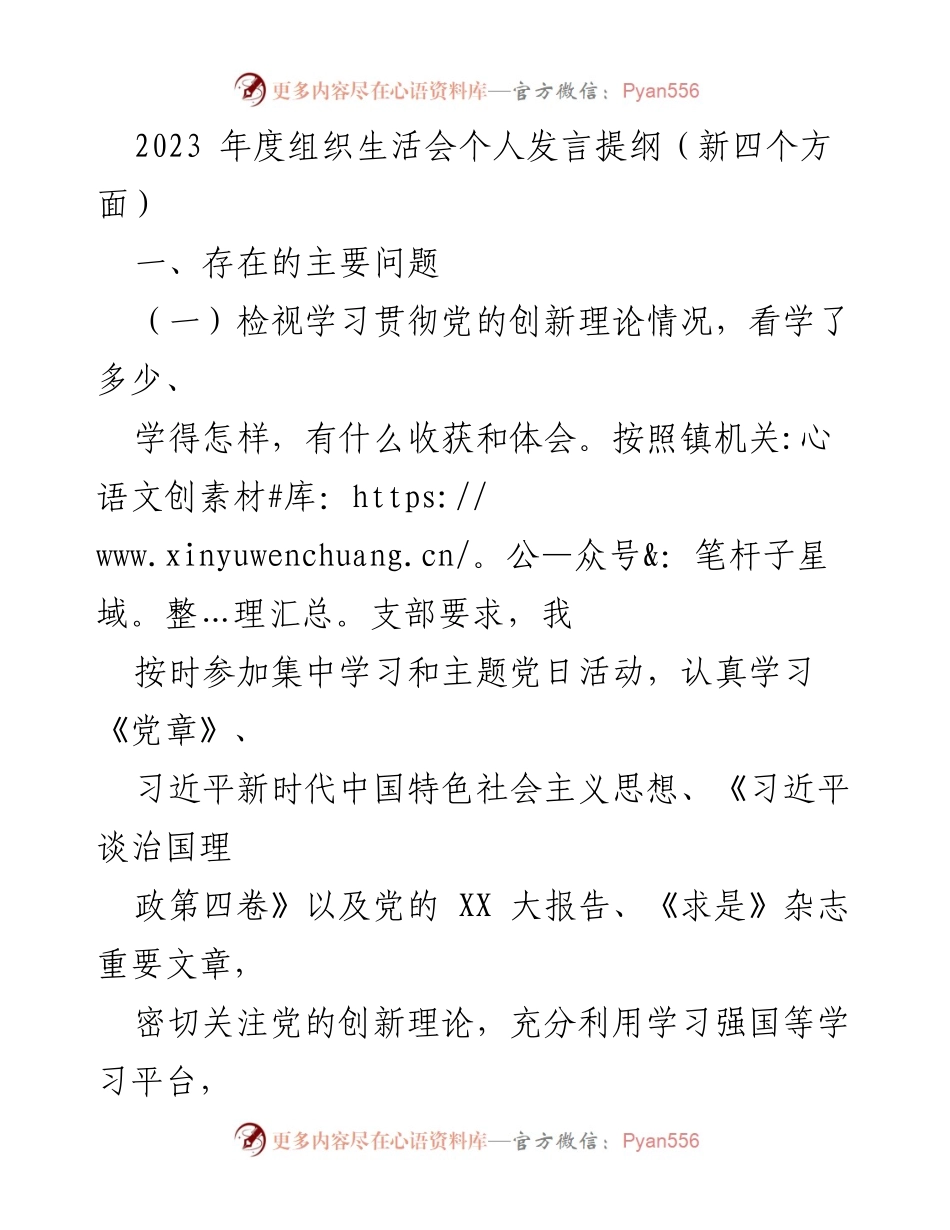[发言] 组织生活会 - 2023年度个人发言提纲及问题检视_1.docx_第1页