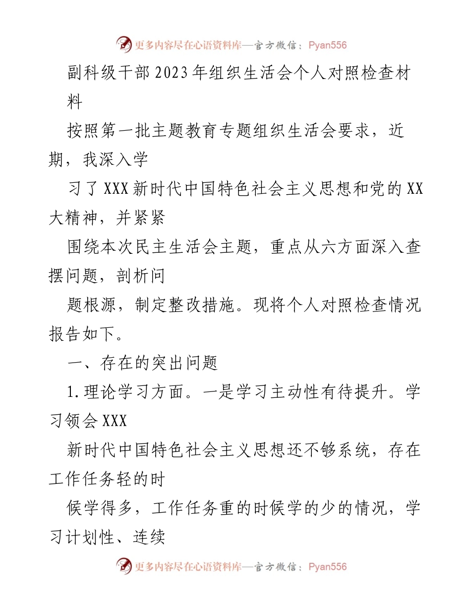 [发言] 组织生活会 - 副科级干部2023年组织生活会个人对照检查报告.docx_第1页