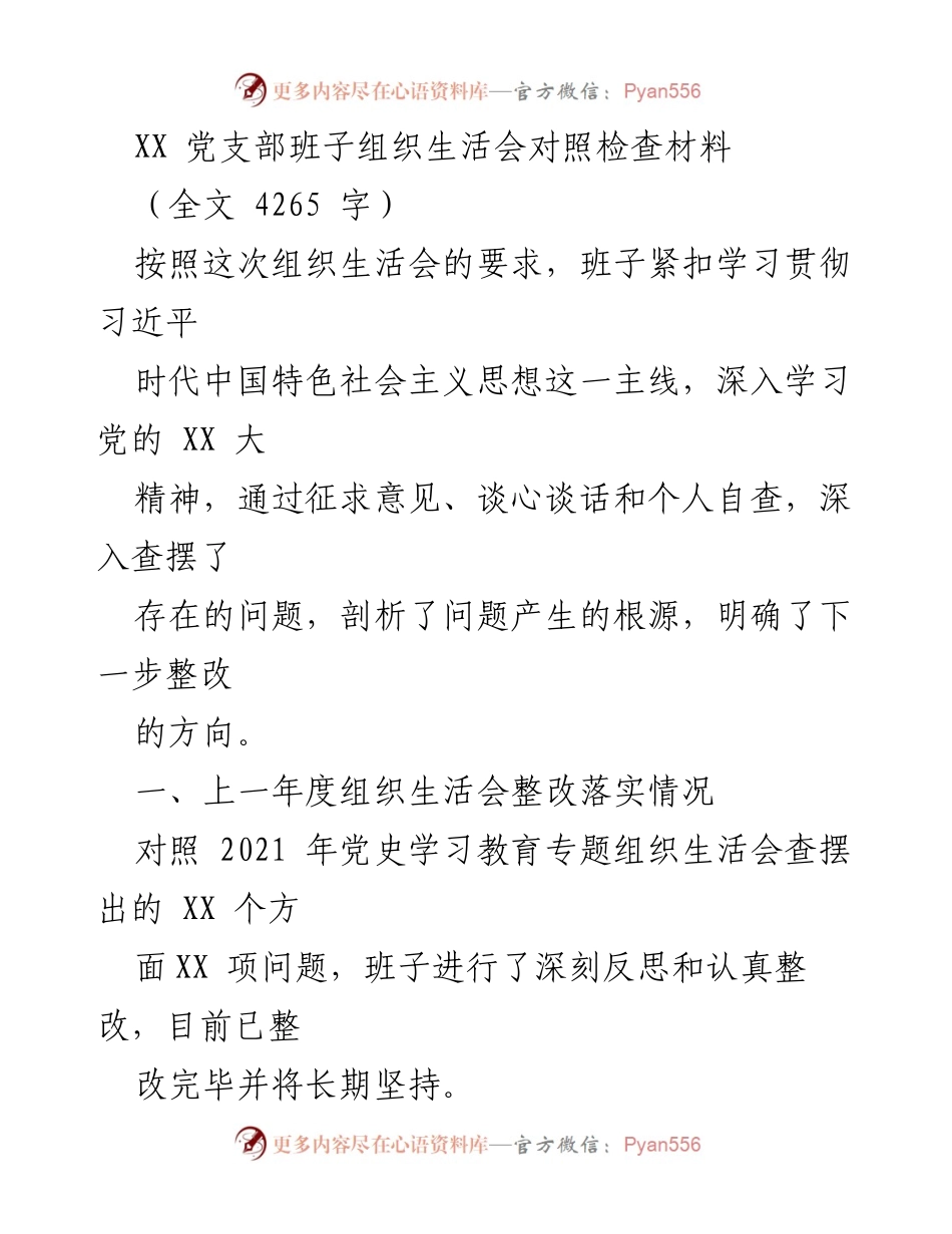 [发言] 组织生活会 - XX 党支部班子对照检查与整改情况总结.docx_第1页