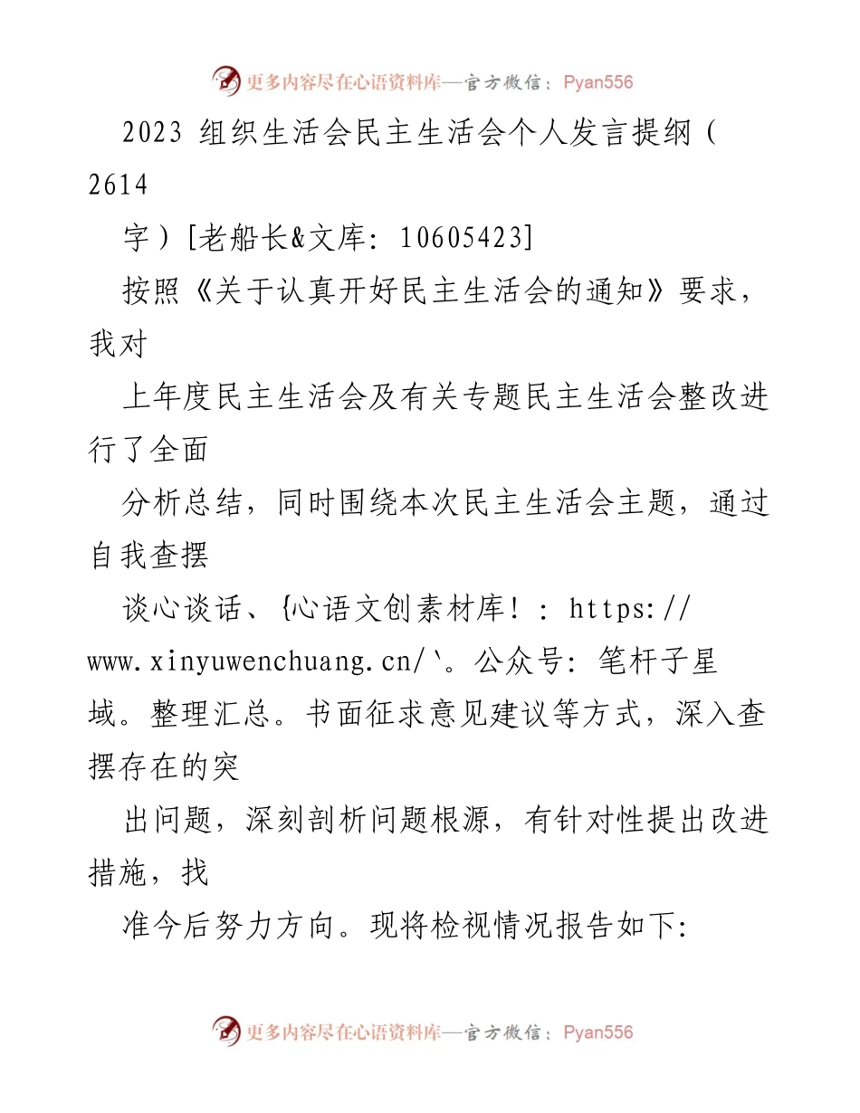 [发言] 组织生活会 - 2023年民主生活会个人发言提纲分析与整改措施.docx_第1页
