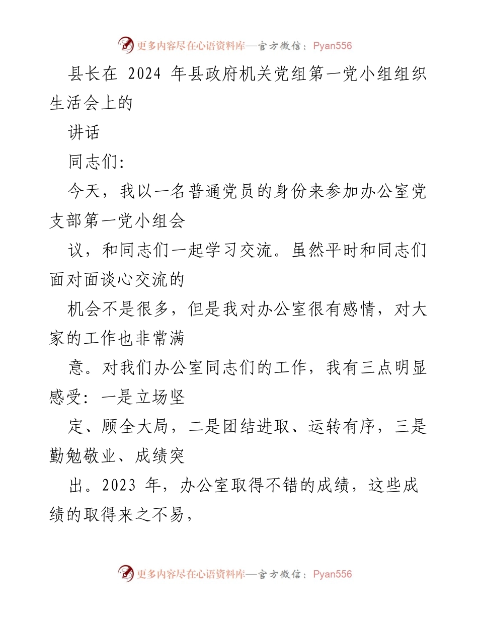 [发言] 组织生活会 - 县长在2024年县政府机关党组第一党小组会议上的讲话.docx_第1页