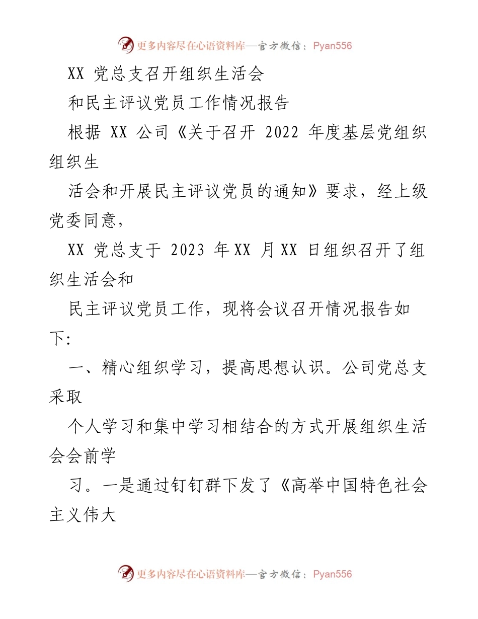 [发言] 组织生活会 - XX 党总支2023年度组织生活会及民主评议党员工作情况报告.docx_第1页