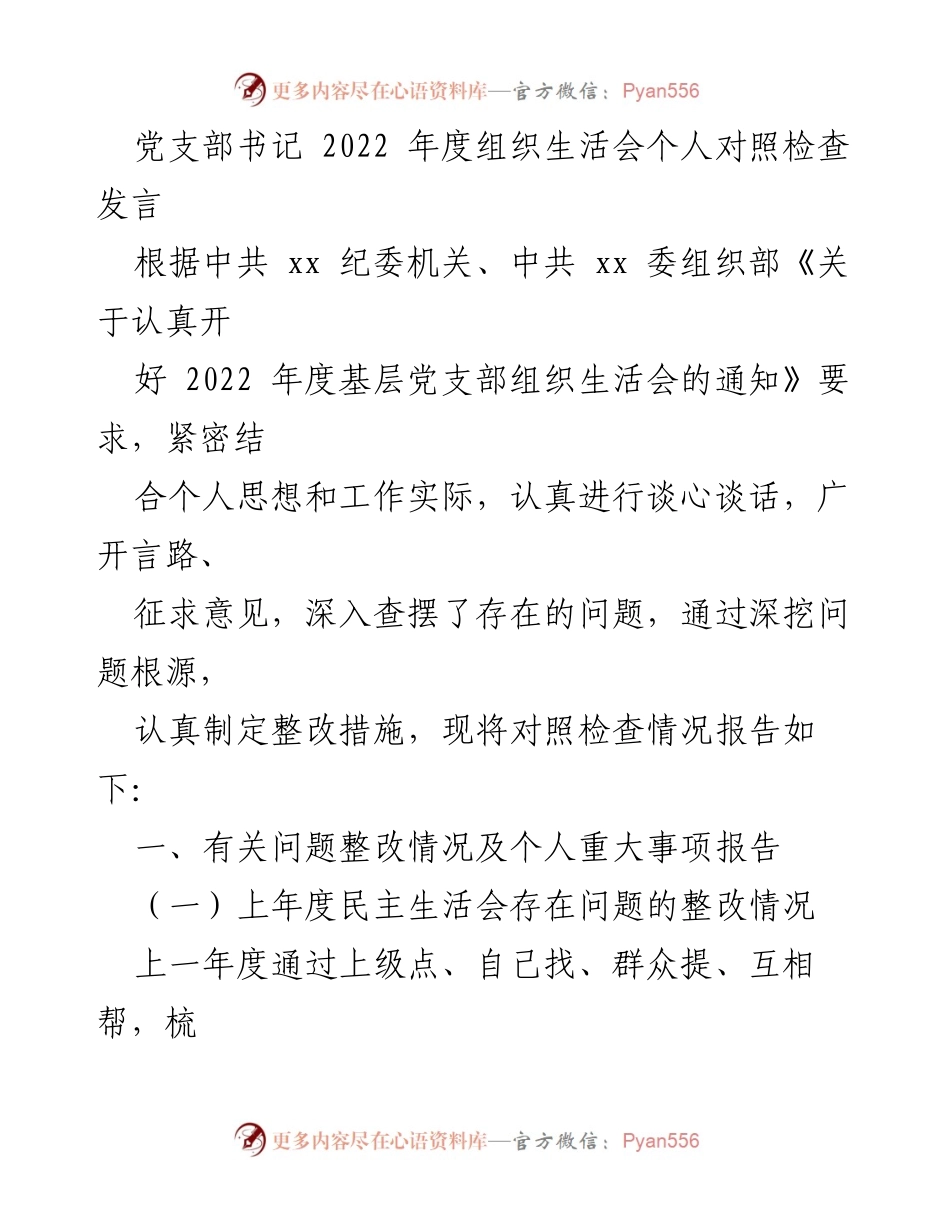 [发言] 组织生活会 - 2022年度党支部书记个人对照检查发言总结.docx_第1页