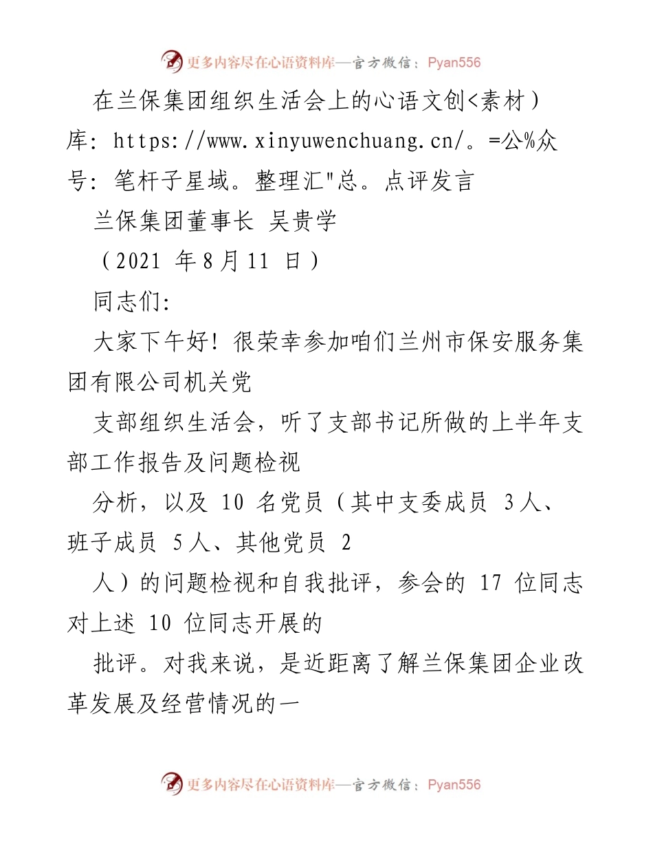 [发言] 组织生活会 - 对兰保集团组织生活会的点评与反思.docx_第1页
