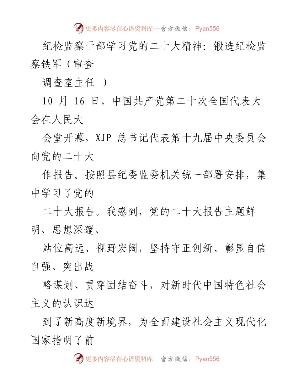 [发言] 纪检监察干部学习会议 - 党的二十大精神学习体会与实践指导.docx_第1页