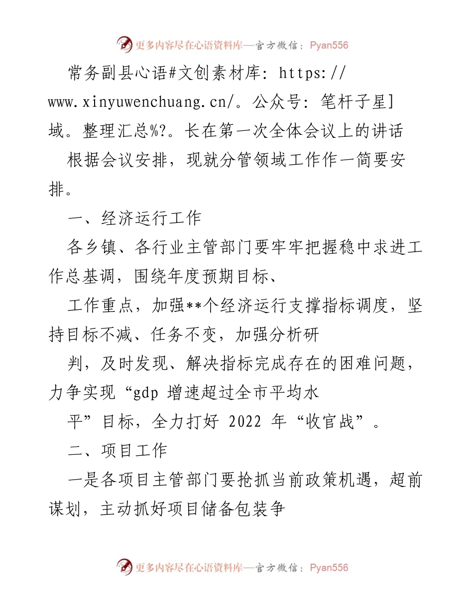 [发言] 第一次全体会议 - 常务副县长讲话：经济、项目、财政、人社及审计工作安排.docx_第1页