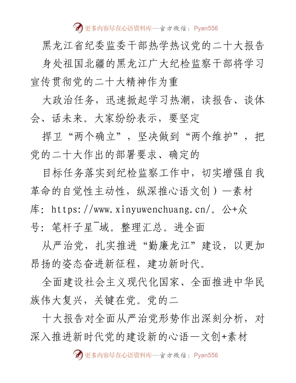 [发言] 纪检监察干部学习会 - 黑龙江省纪委监委干部热议贯彻党的二十大精神.docx_第1页