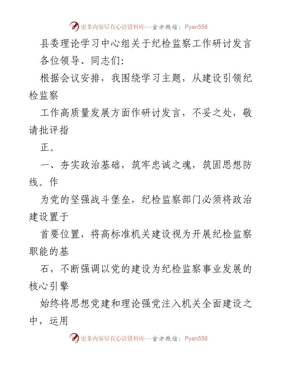[发言] 纪检监察工作研讨会 - 强化党建引领，推动纪检监察高质量发展.docx_第1页