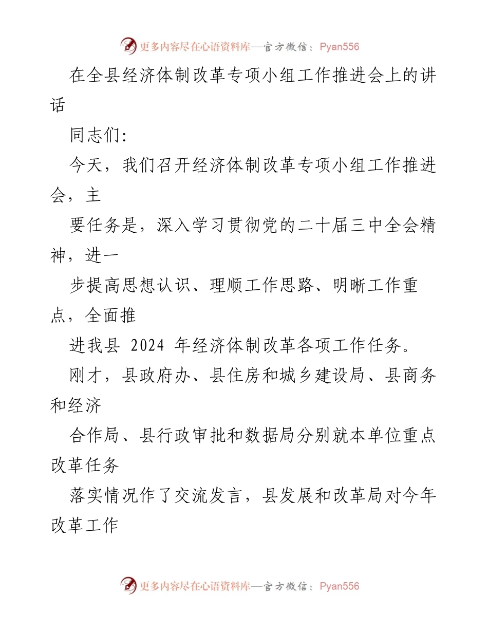 [发言] 经济体制改革专项小组工作推进会 - 深化经济体制改革，推动高水平市场经济建设.docx_第1页