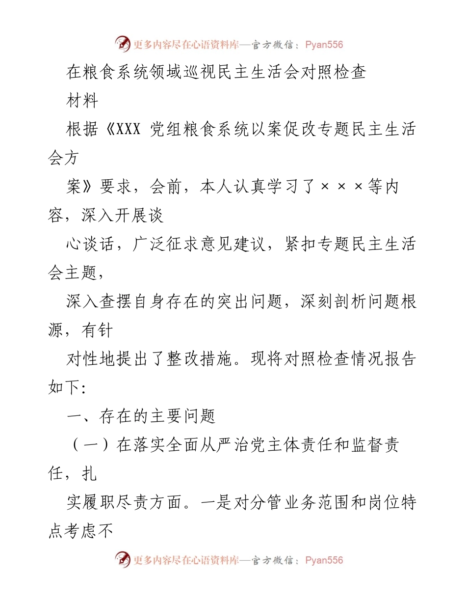 [发言] 粮食系统巡视民主生活会 - 对照检查报告及整改措施.docx_第1页