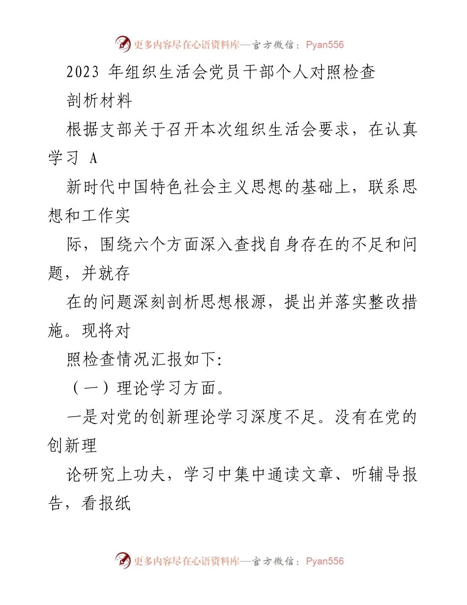 [发言] 组织生活会 - 2023年党员干部个人对照检查与整改措施分析_1.docx_第1页