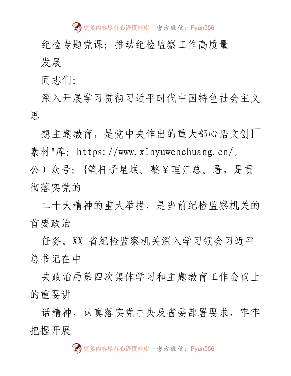 [发言] 纪检专题党课 - 推动纪检监察工作高质量发展的主题教育实践.docx_第1页