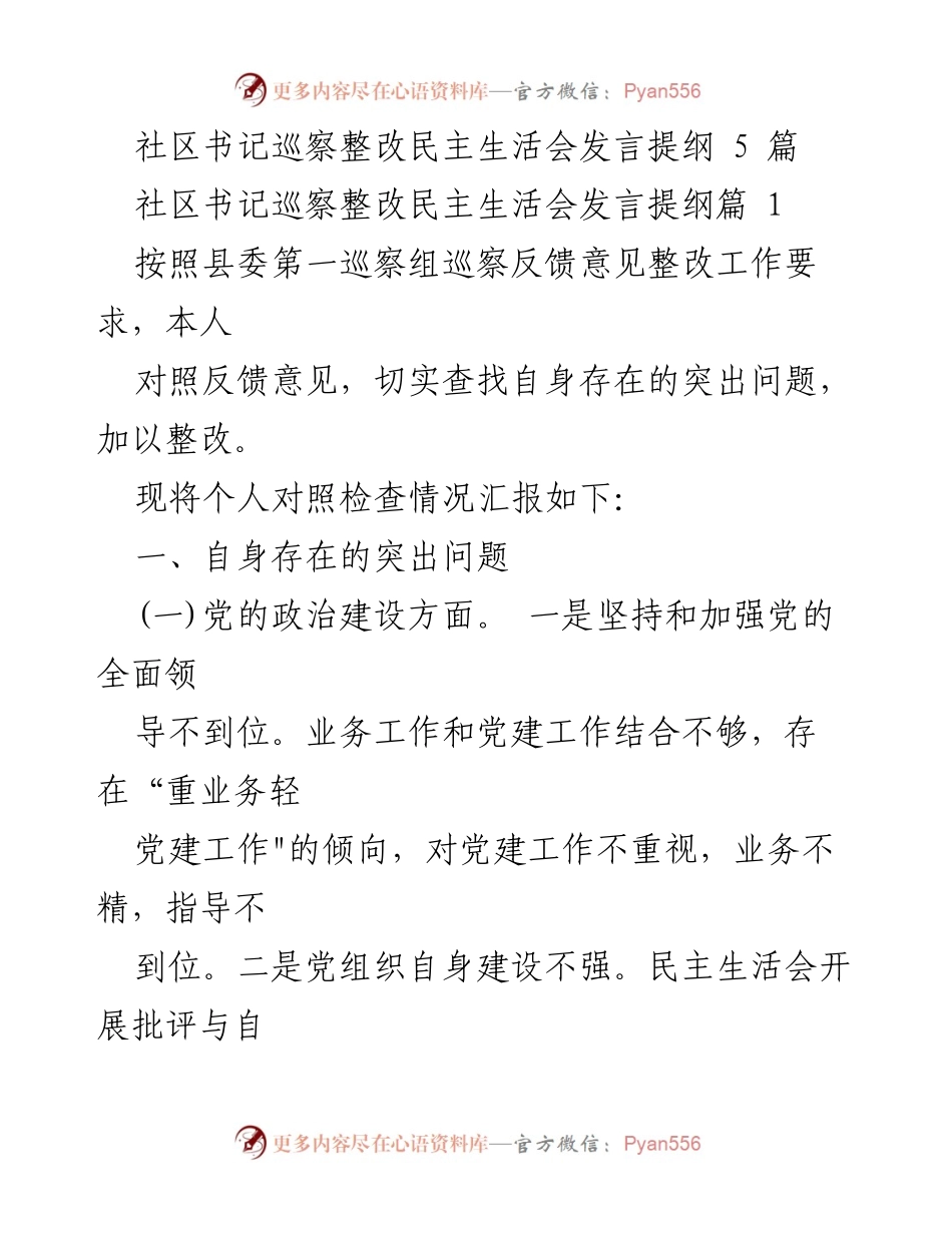 [发言] 社区书记巡察整改民主生活会 - 巡察整改中的自我反思与整改措施.docx_第1页