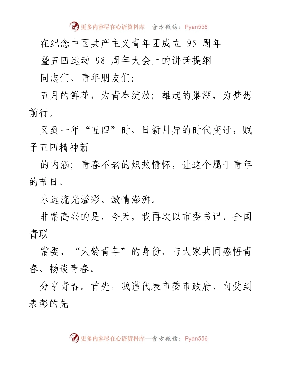 [发言] 纪念大会 - 青春激扬，勇担使命：在五四运动暨团成立95周年大会上的讲话.docx_第1页