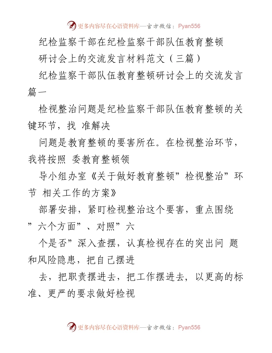 [发言] 纪检监察干部队伍教育整顿研讨会 - 刀刃向内：纪检监察干部自我检视与整改的重要性.docx_第1页