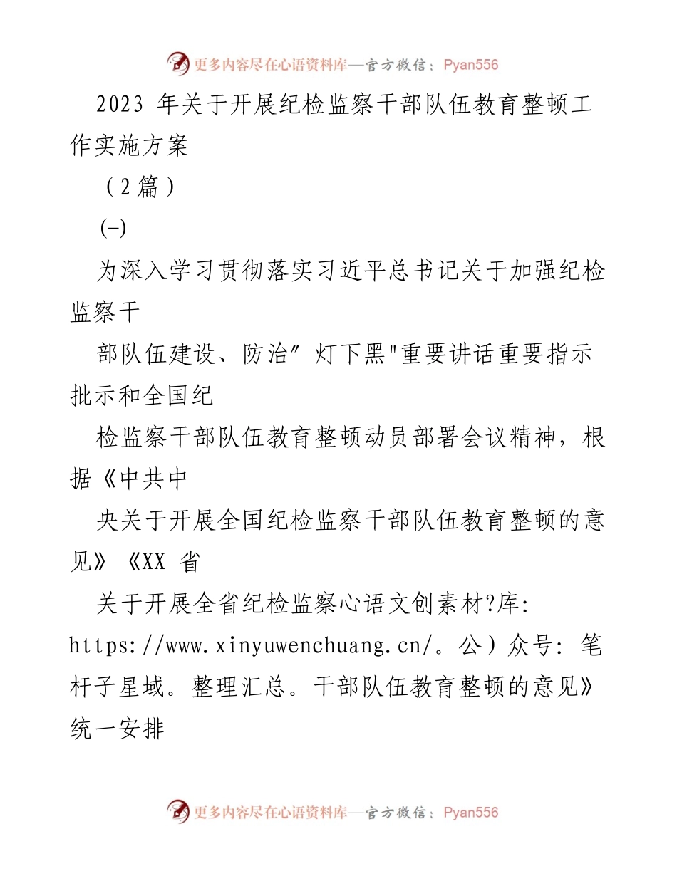 [发言] 纪检监察干部队伍教育整顿动员会议 - 2023年纪检监察干部队伍教育整顿实施方案.docx_第1页