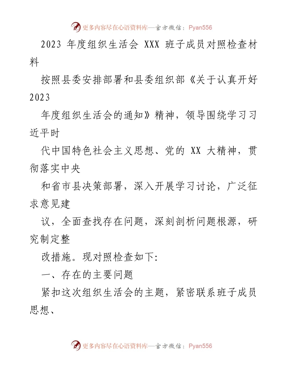 [发言] 组织生活会 - 2023年度班子成员对照检查与问题剖析报告.docx_第1页