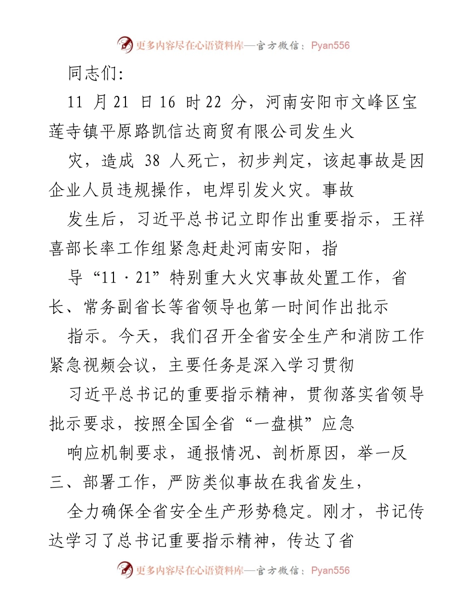 [发言] 紧急视频会议 - 关于河南安阳“11·21”特别重大火灾事故的紧急会议发言.docx_第1页