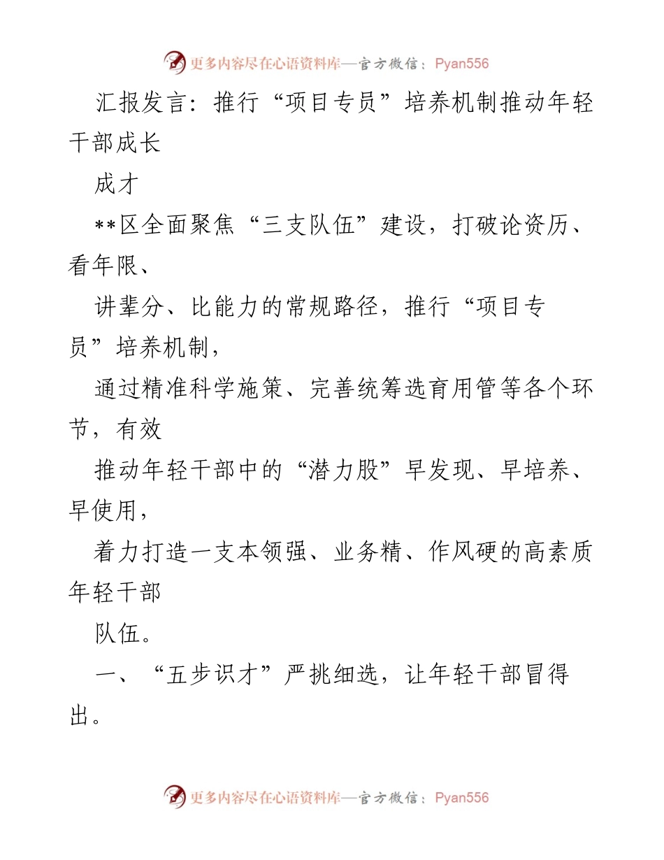 [发言] 组织建设会议 - 推行“项目专员”培养机制，助力年轻干部成长.docx_第1页