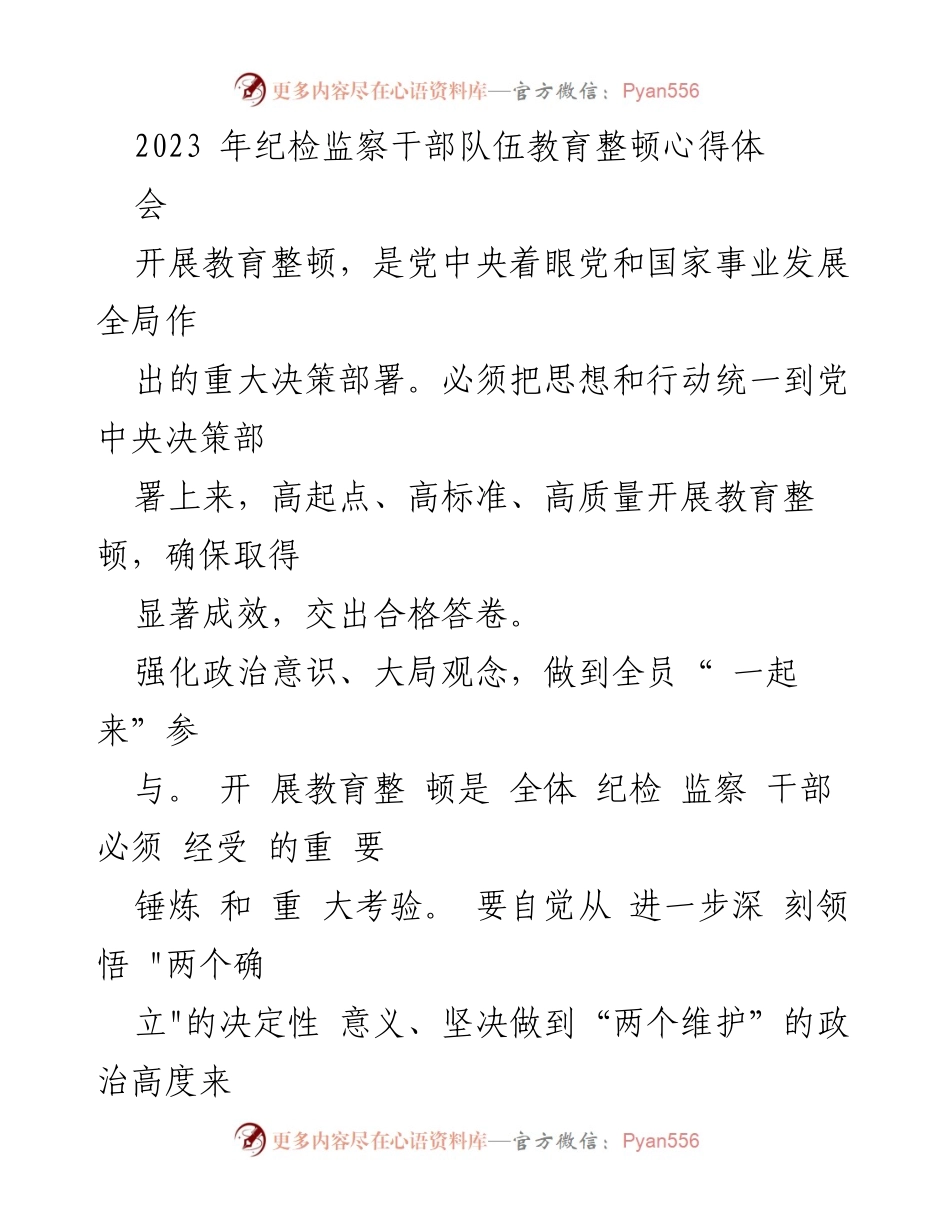 [发言] 纪检监察干部教育整顿心得体会 - 加强政治意识，推动纪检监察干部队伍高质量发展.docx_第1页