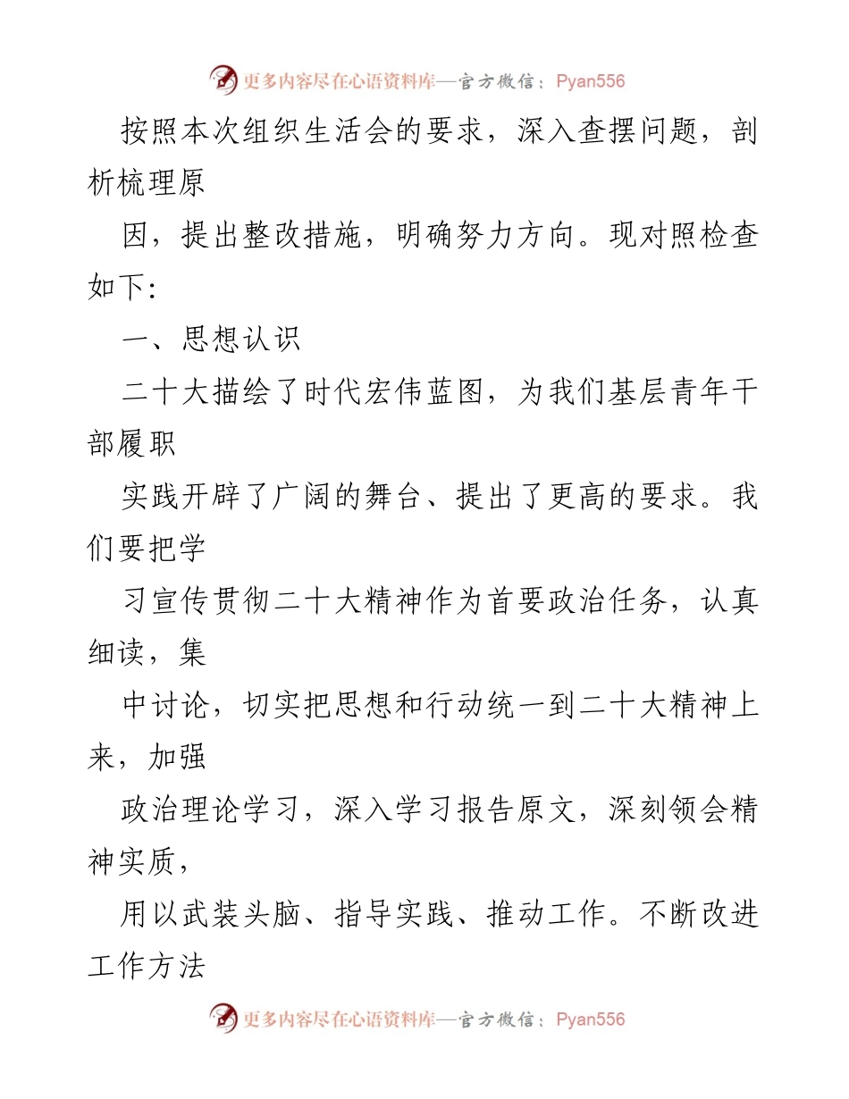 [发言] 组织生活会 - 深入查摆问题，提升基层青年干部素质.docx_第1页