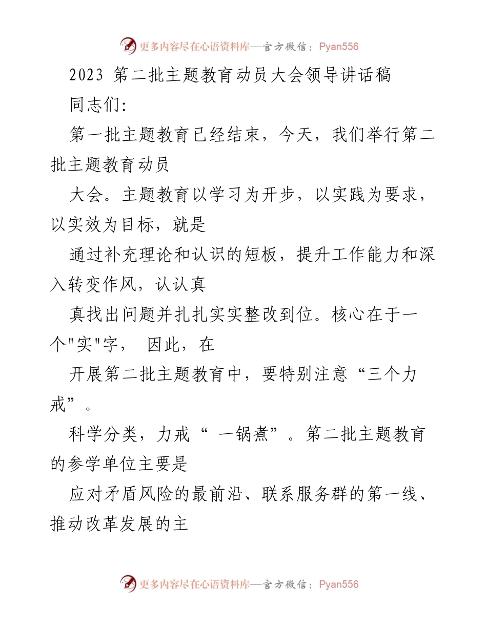 [发言] 第二批主题教育动员大会 - 强调实效与实践的第二批主题教育动员讲话.docx_第1页