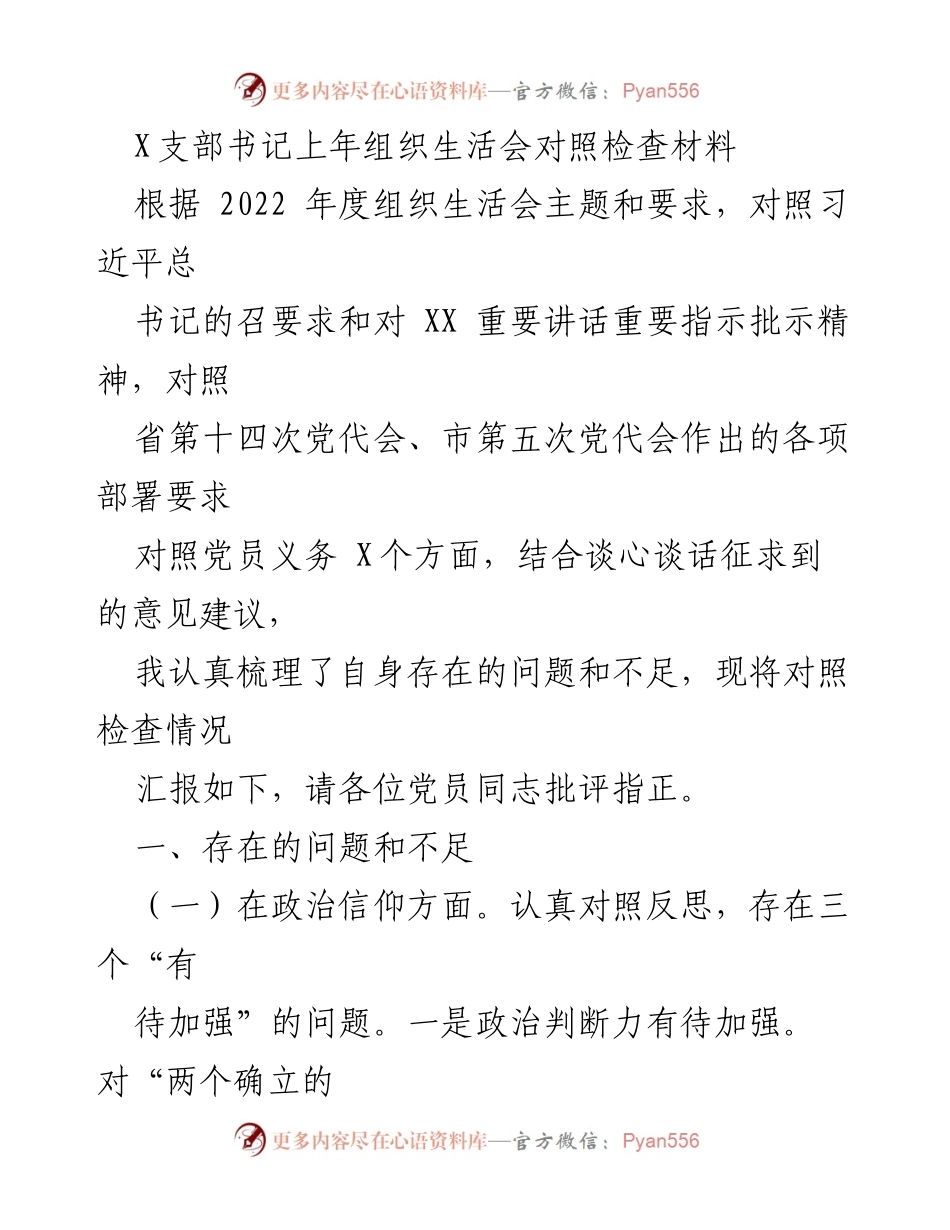 [发言] 组织生活会 - X支部书记年度对照检查材料总结.docx_第1页
