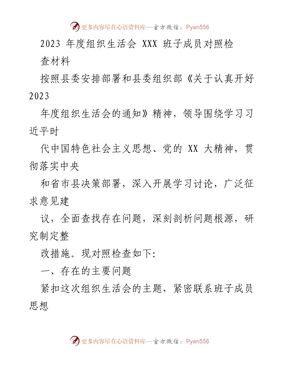 [发言] 组织生活会 - 2023年度组织生活会班子成员对照检查总结.docx_第1页
