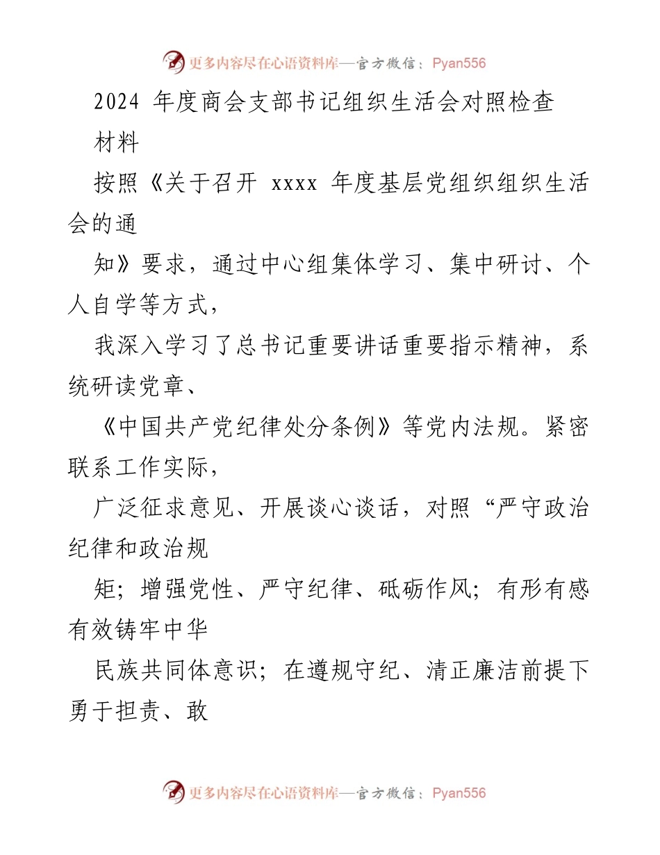 [发言] 组织生活会 - 2024年度商会支部书记组织生活会对照检查报告.docx_第1页