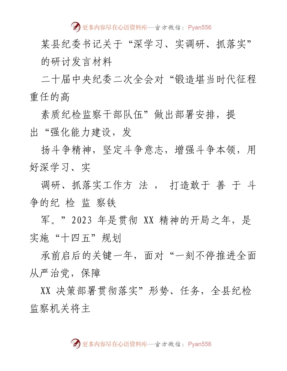 [发言] 纪委研讨会 - 深学习、实调研、抓落实：推动纪检监察工作高质量发展.docx_第1页
