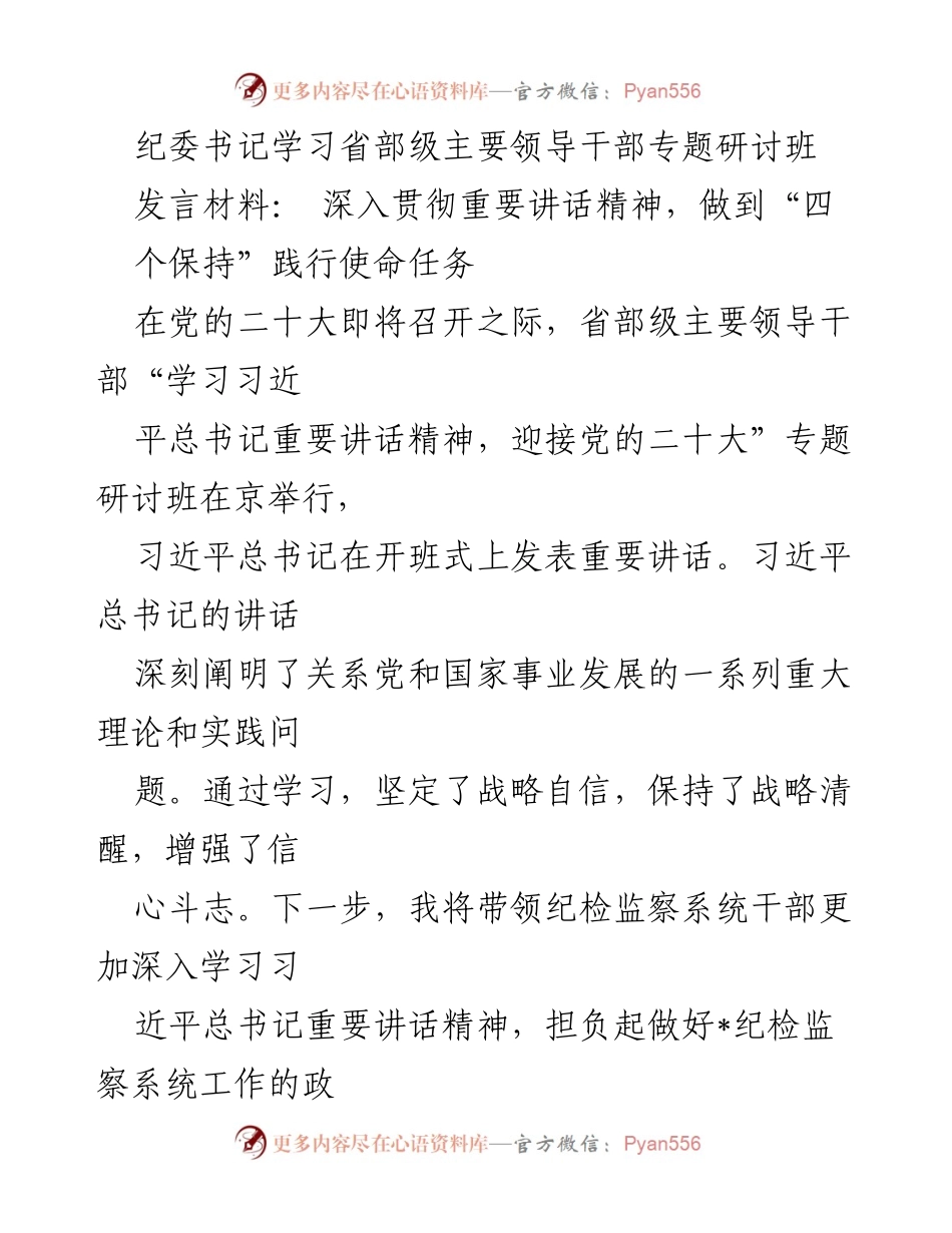 [发言] 研讨班 - 深入学习习近平总书记讲话精神，坚定纪检监察使命.docx_第1页
