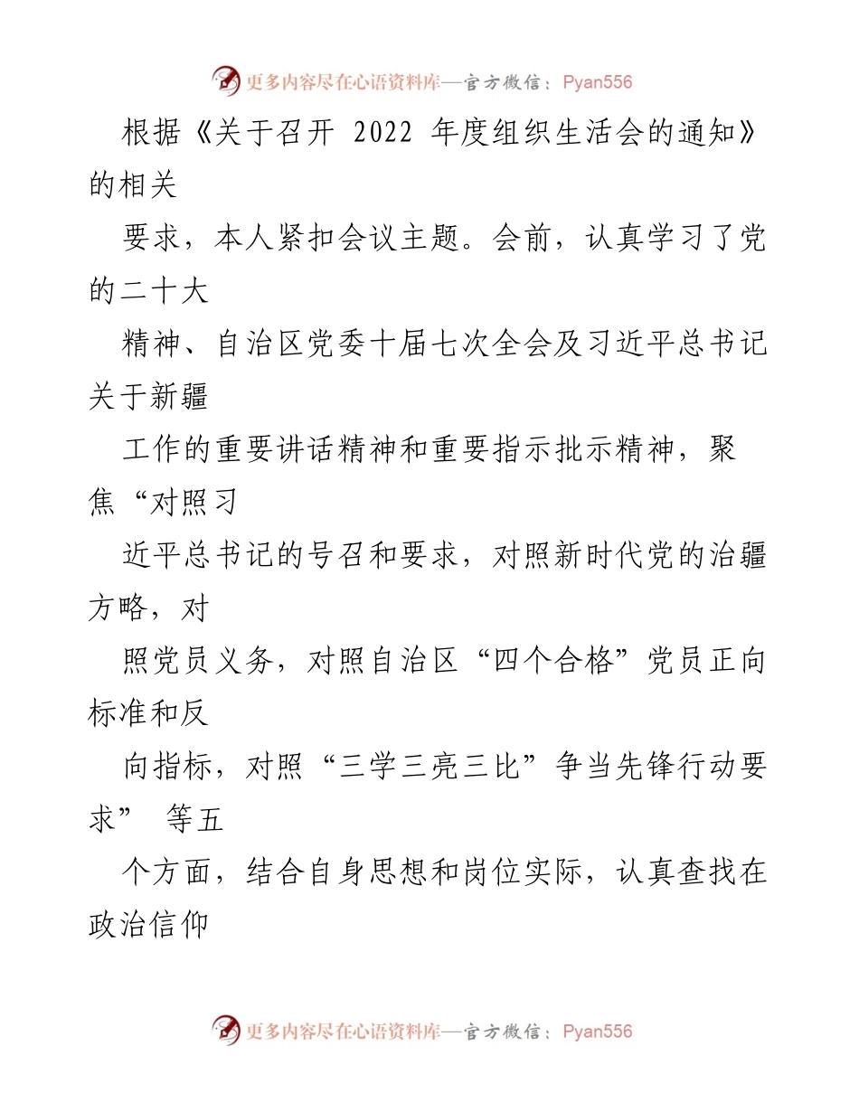 [发言] 组织生活会 - 2022年度组织生活会个人对照检查报告_6.docx_第1页