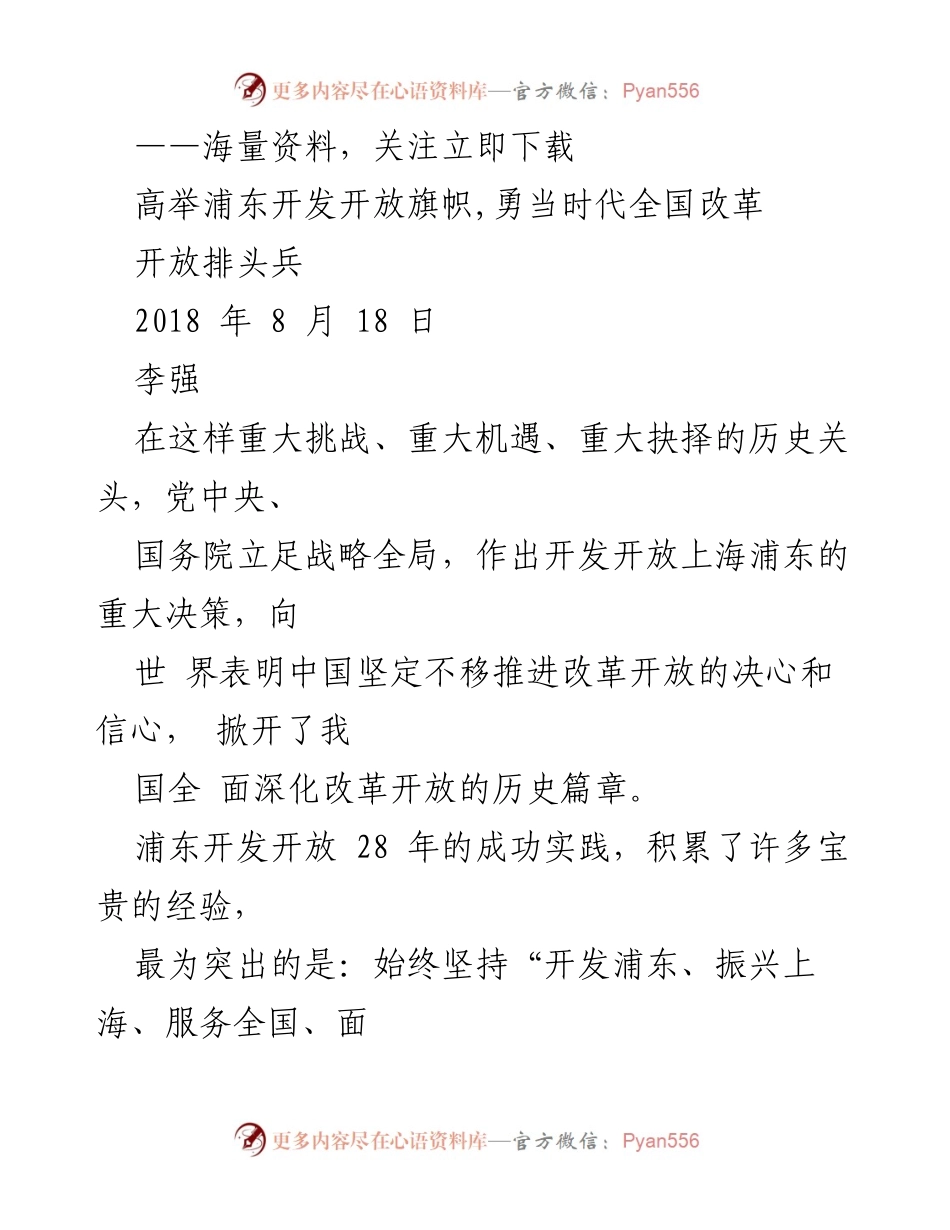 [发言] 纪念浦东开发开放28周年 - 坚定不移推进浦东开发开放，勇当全国改革先锋.docx_第1页