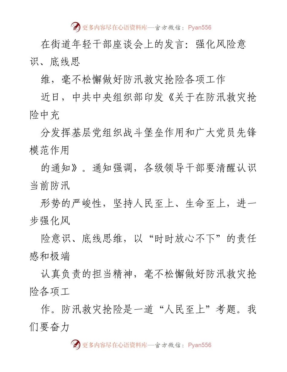[发言] 街道年轻干部座谈会 - 强化风险意识，确保防汛救灾工作落实.docx_第1页