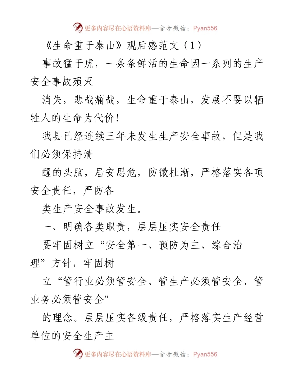 [发言] 观后感分享 - 生命重于泰山：安全生产的重要性与责任意识.docx_第1页