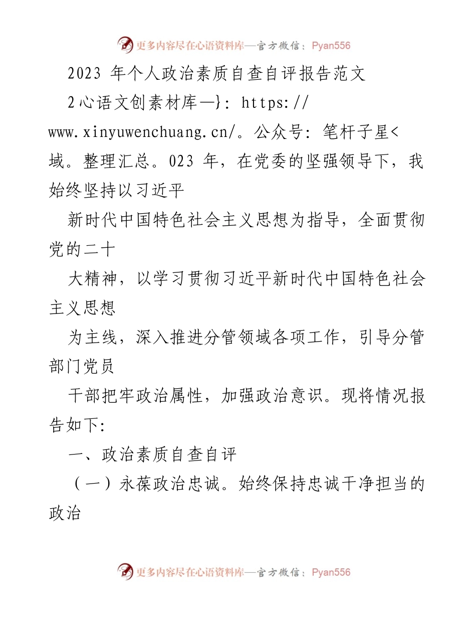 [发言] 自查自评会议 - 2023年个人政治素质自查自评报告.docx_第1页