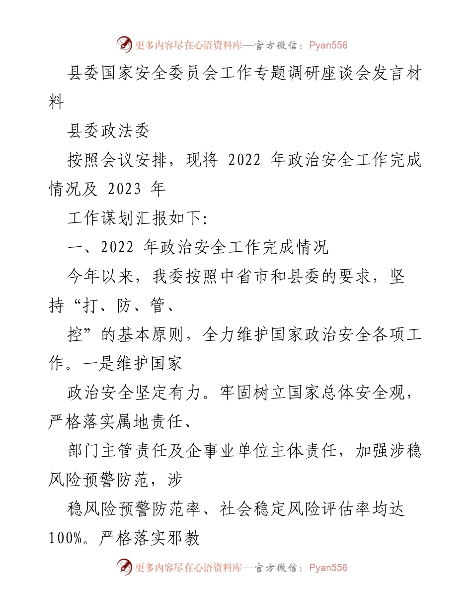 [发言] 调研座谈会 - 2022年政治安全工作总结与2023年工作规划.docx_第1页