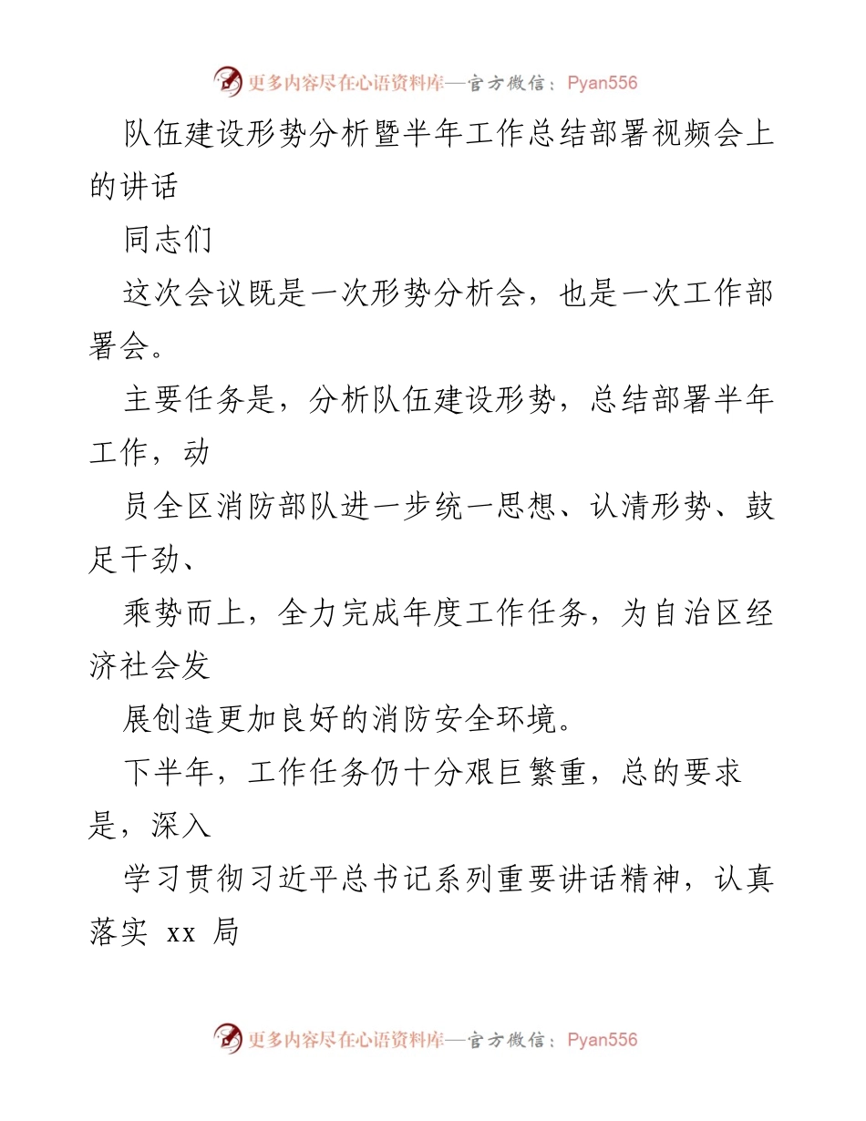 [发言] 视频会议 - 半年工作总结与队伍建设形势分析讲话.docx_第1页