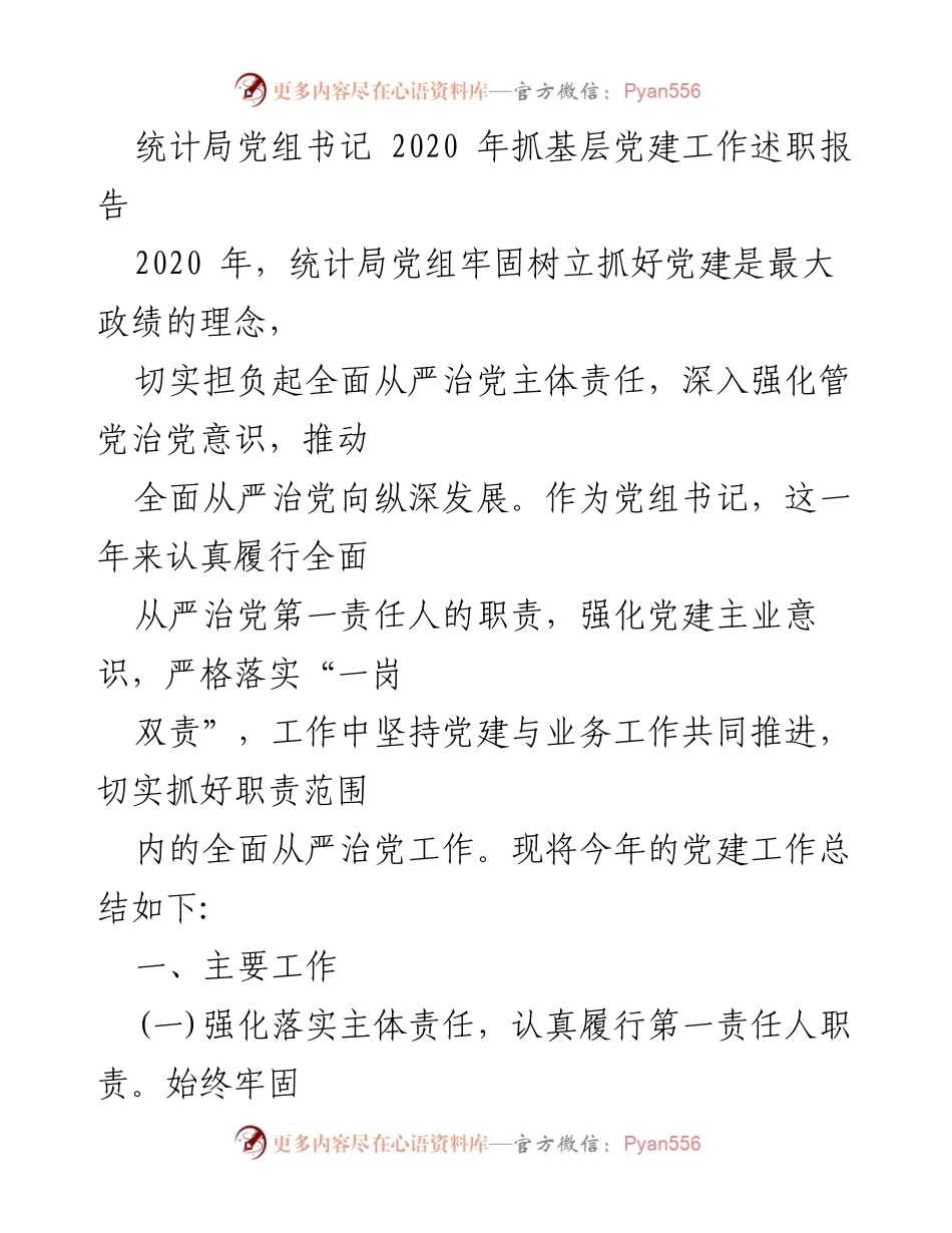 [发言] 统计局党建工作总结 - 2020年统计局党建工作述职报告.docx_第1页