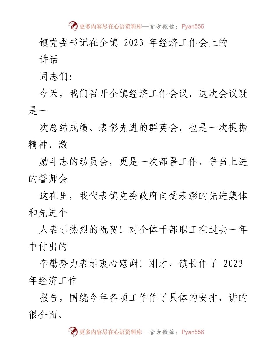 [发言] 经济工作会议 - 镇党委书记在2023年经济工作会上的讲话.docx_第1页