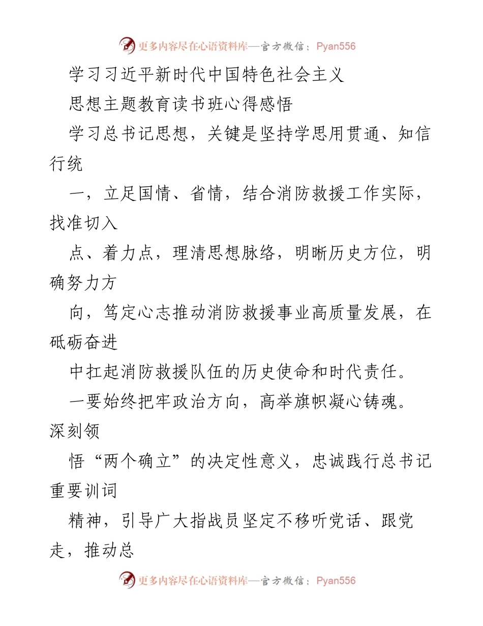 [发言] 读书班 - 深入学习习近平新时代中国特色社会主义思想，推动消防救援事业高质量发展.docx_第1页