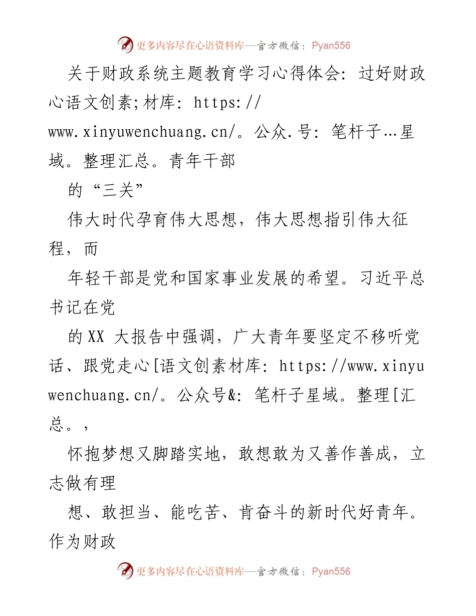 [发言] 财政系统主题教育学习 - 财政青年干部的“三关”学习心得.docx_第1页