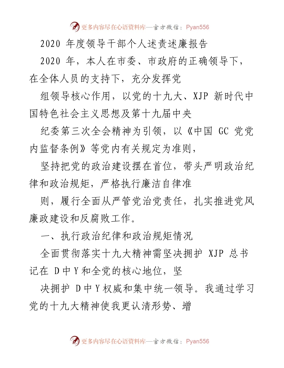 [发言] 述责述廉 - 2020年度领导干部个人述责述廉报告.docx_第1页