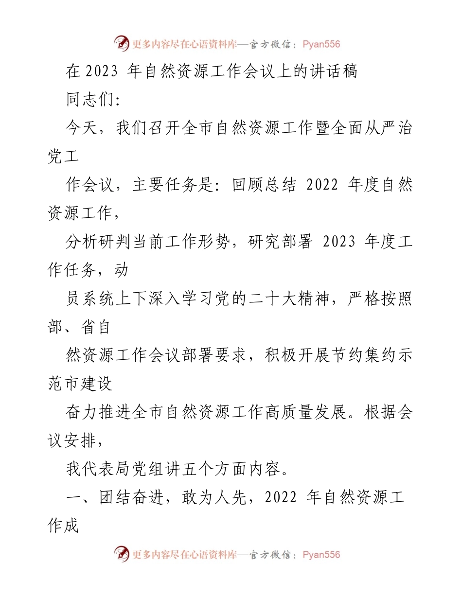 [发言] 自然资源工作会议 - 2023年度自然资源工作总结与展望.docx_第1页