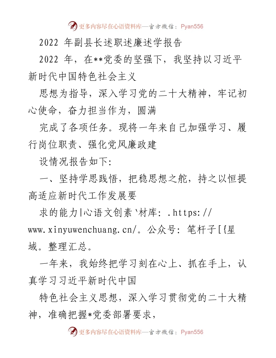 [发言] 述职报告 - 2022年副县长述职述廉述学报告.docx_第1页